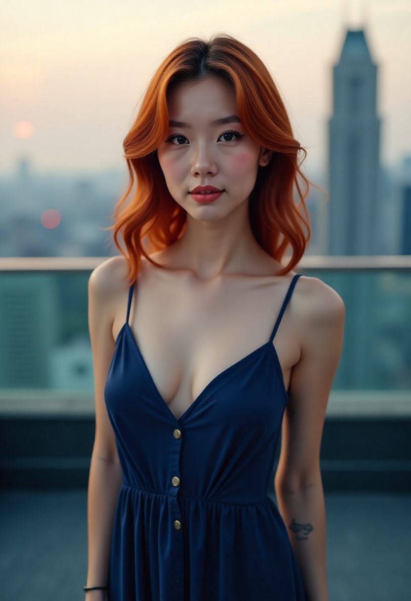 夕阳下走过坡道的长裙少女